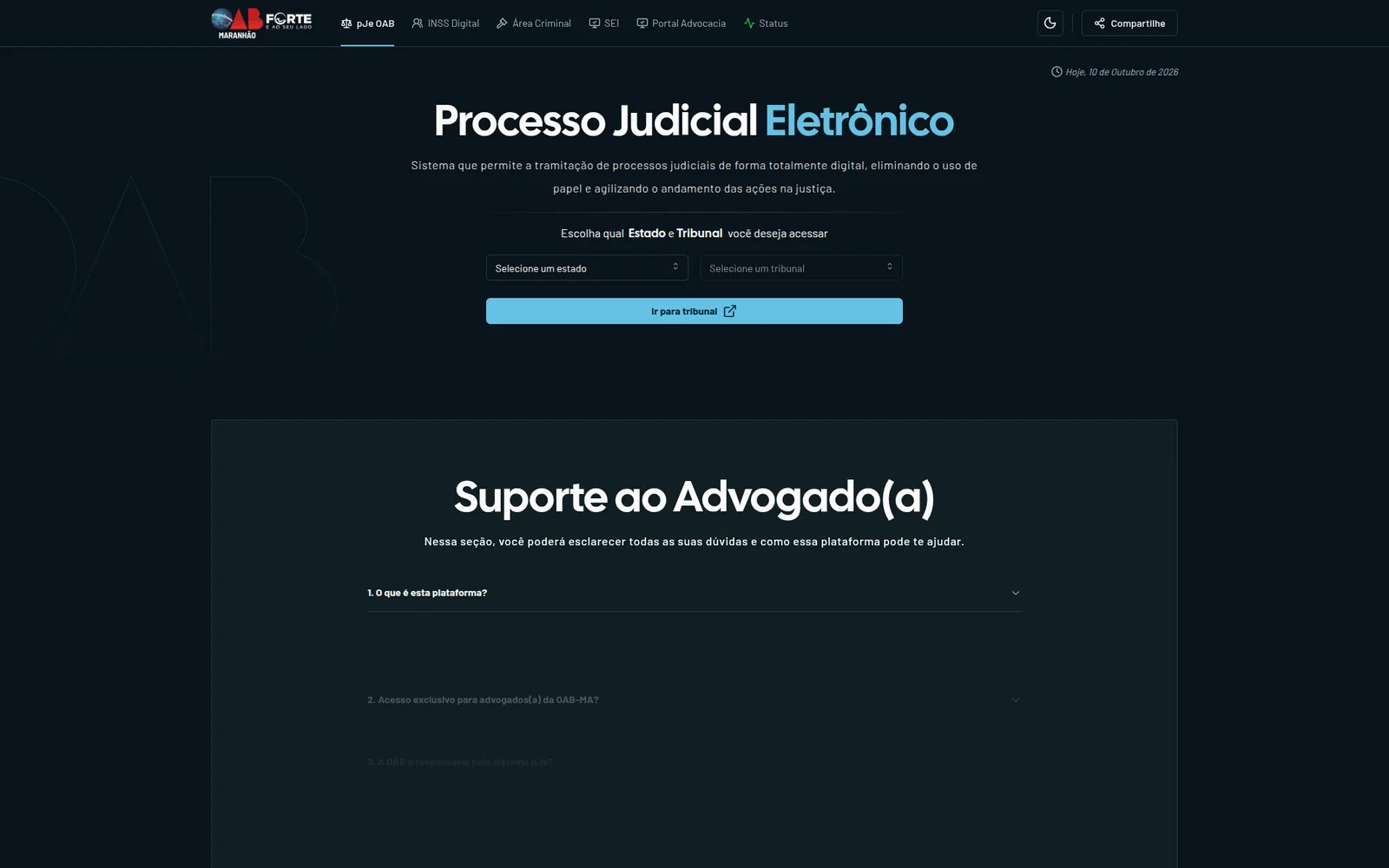 Tela inicial do pJe OAB com a seleção de estado e tribunal