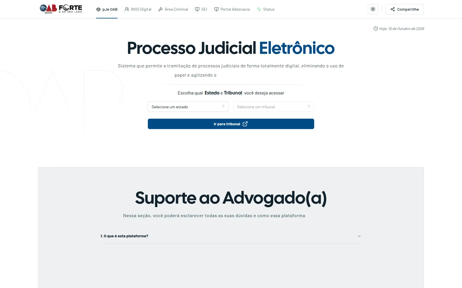 Tela inicial do pJe OAB com a seleção de estado e tribunal