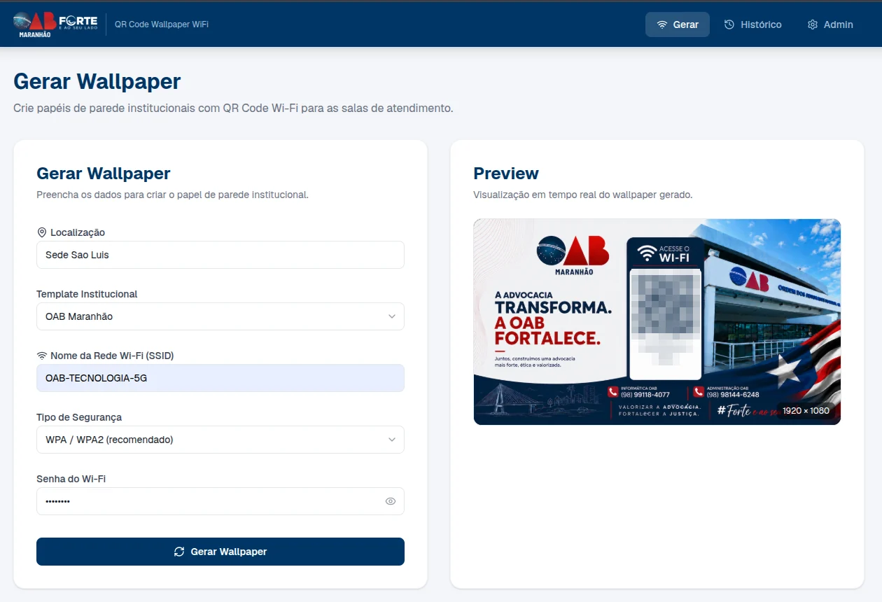 Gerador de wallpaper com QR Code Wi-Fi e o preview do papel de parede